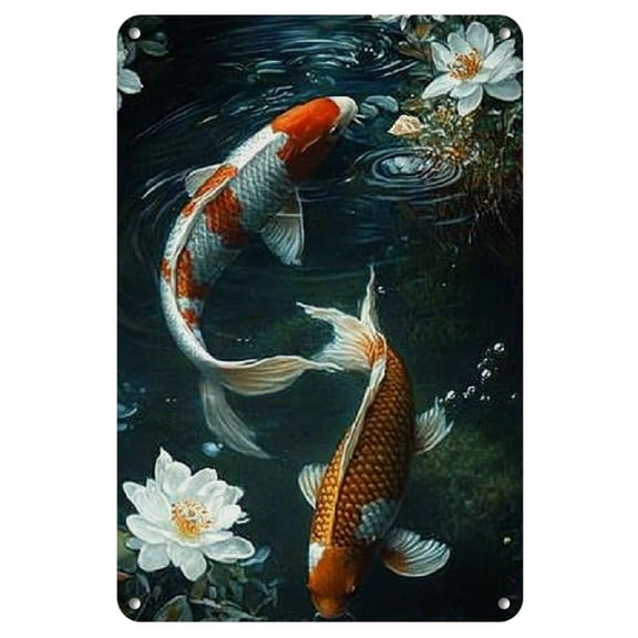Two Koi Fish Decorative Metal Wall Art Sign - English, Pre-Drilled for Easy Hanging, Versatile Mounting for Home, Coffee Shop, Bedroom, Dining Room, Living Room - Multipurpose Decor Plaque