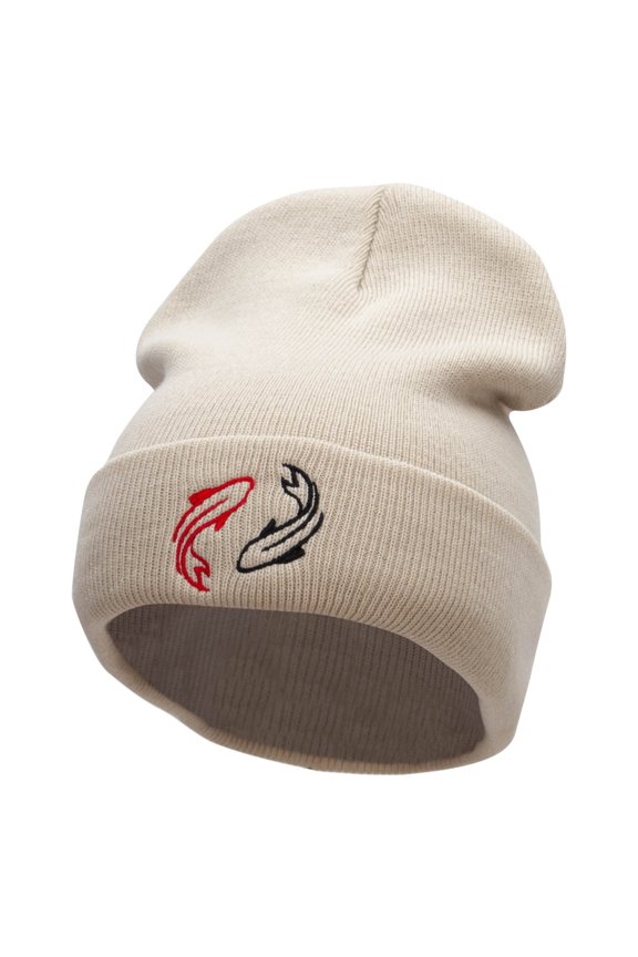 Two Koi Fish Embroidered 12 Inch Long Knitted Beanie - Birch OSFM