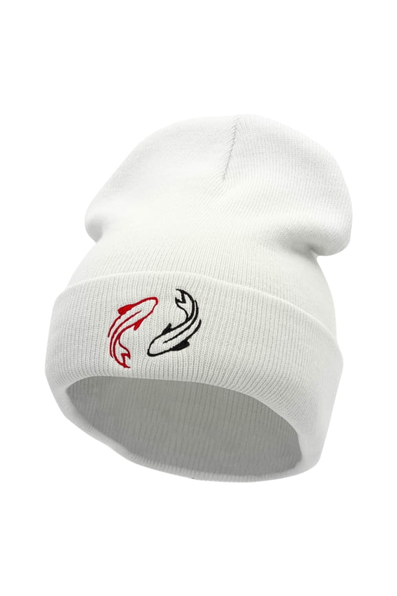 Two Koi Fish Embroidered 12 Inch Long Knitted Beanie - White OSFM