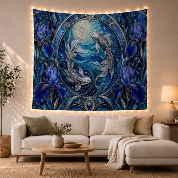 Two Koi Fish Inside a Blue Floral Circle, Serene Watercolor Style for Ocean Lovers, Fish Wall Art, Housewarming Gift, Tapestry Wall Hanging for Bedroom and Living Room