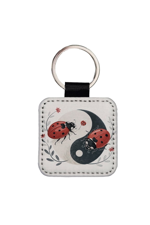 Two Ladybugs Yin Yang Cute Faux Leather Square Keychain