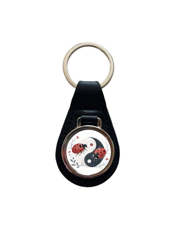 Two Ladybugs Yin Yang Cute Metal Black Leather Keychain