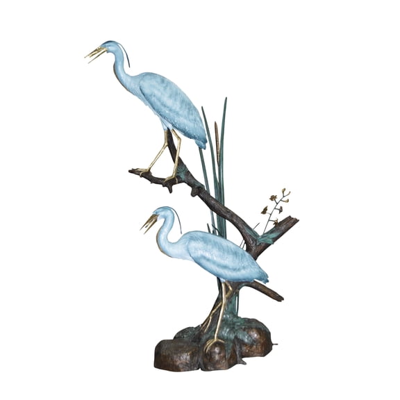 Two Large Cranes Fountain Bronze Statue - Size: 36"L x 21"W x 64"H.