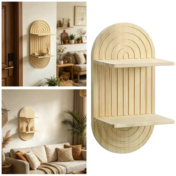 Two Layer Boho Wall Shelf Rainbow Arch Wooden Hanging Shelve For Bathroom Bedroom Living Room Kitchen(Brown-30X15Cm)