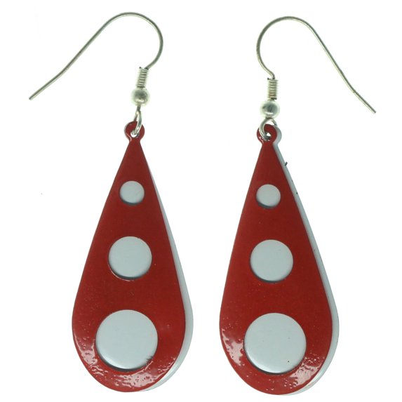 Two Layer Dangle Tear Shaped Earrings White Background Layer & Red Top Layer