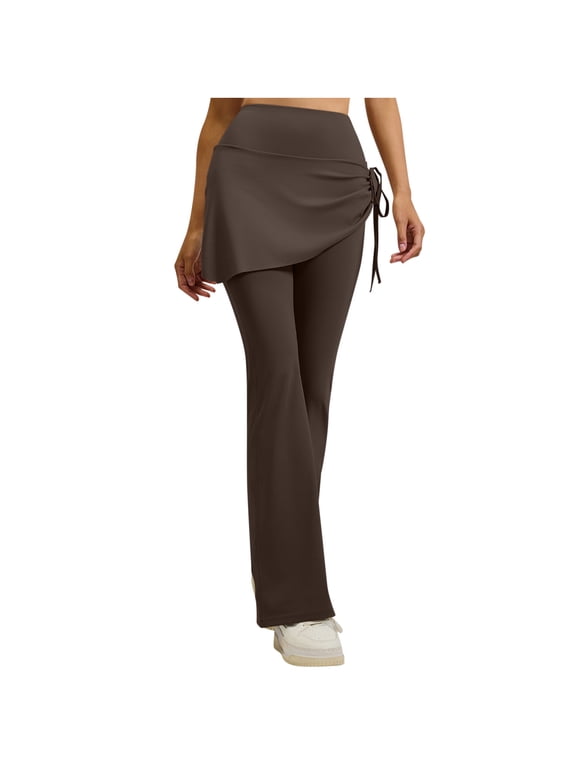 Two-Layer Flare Pants for Women Side Tie High Waisted Trousers Tummy Control Slim Fit Slacks Lightweight Seamless Leggings Fashion Trendy Yoga Pants Butt Lift Stretchy Trousers