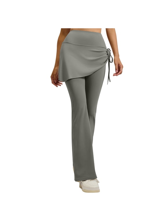 Two-Layer Flare Pants for Women Side Tie High Waisted Trousers Tummy Control Slim Fit Slacks Lightweight Seamless Leggings Fashion Trendy Yoga Pants Butt Lift Stretchy Trousers