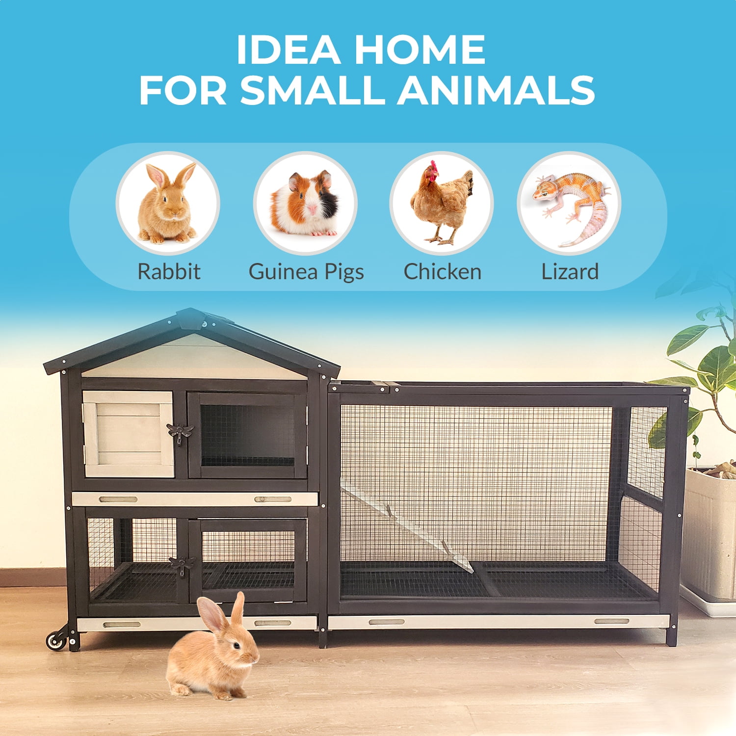 Two-Layer Outdoor & Indoor Rabbit Hutch with Waterproof Roof, Removable Wire Mesh bedding area and Ventilation - Wooden Bunny Cage for Rabbit, Chickens