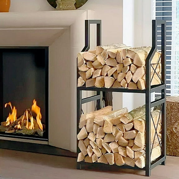 Two Layer Sturdy And Durable Firewood Rack, Christmas Fireplace, Fireplace Tool Rack, Wood Stacking And Storage Rack, Fire-Resistant Original Wood Frame for Fire Pit And Stove, Saving Space (Black)