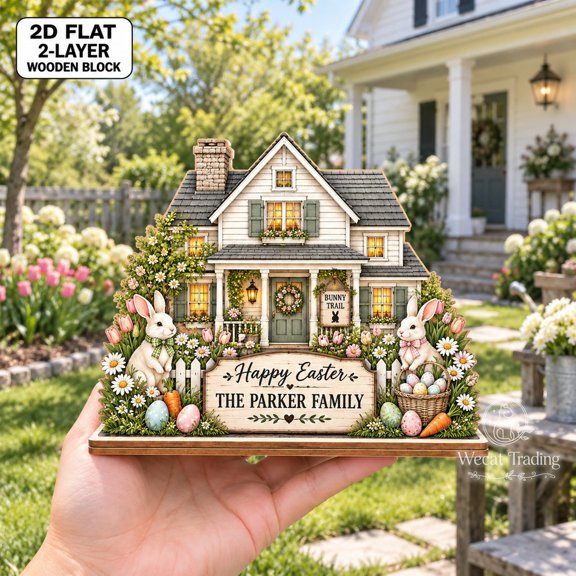 Two-Layer Wooden Block Easter Bunny House Tabletop Display for Farmhouse Spring Celebrations