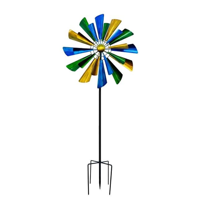 Vibrant Blue, Green, and Yellow Metal Garden Kinetic Spinner