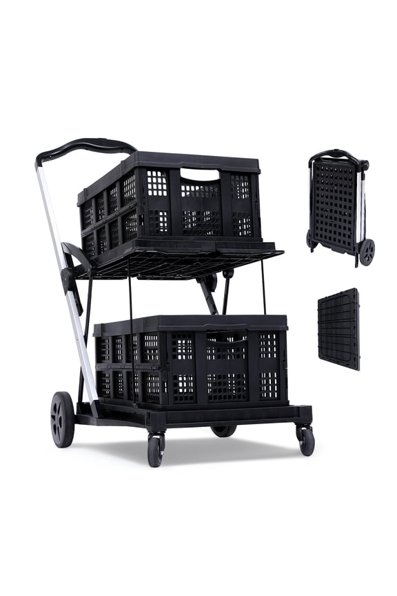2-Layer Folding Shopping Cart with 360 Swivel Wheels - Collapsible Utility Cart with Storage Crate for Groceries & Warehouse