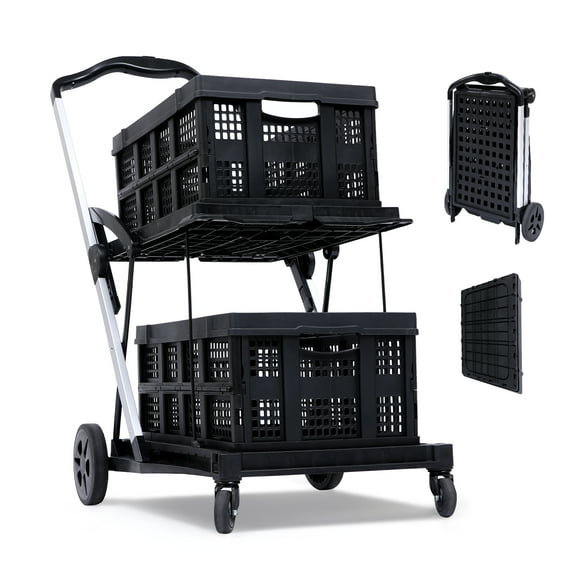 Two Layers Folding Shopping Carts | Multi Use Functional Collapsible Carts with 360 Rolling Swivel Wheels Shopping Cart with Storage Crate | Utility Cart for Groceries, Warehouse