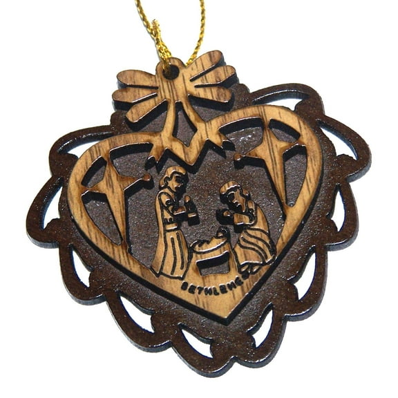 Two Layers Mahogany with Olive Wood Holy Family Nativity Scene Ornament Gift Carved by Laser - Olive Wood - Carved Inside Heart (5.5 cm or 2.2 inch with Certificate) and Gold String