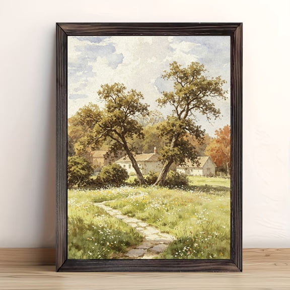 Two Leafy Oak Trees Wildflower Stone Path Countryside Cottage Watercolor Framed Wall Art, Solid Wood Frame Soft Rural Scenic Art Print, Calming Wall Decor for Bedroom Living Room, 12x16in