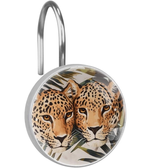 Two Leopard Tropical Leaves Shower Curtain Hooks Round Crystal Glass, Set of 12 Shower Curtain Rings - Shower Hooks for Curtain Shower Rings
