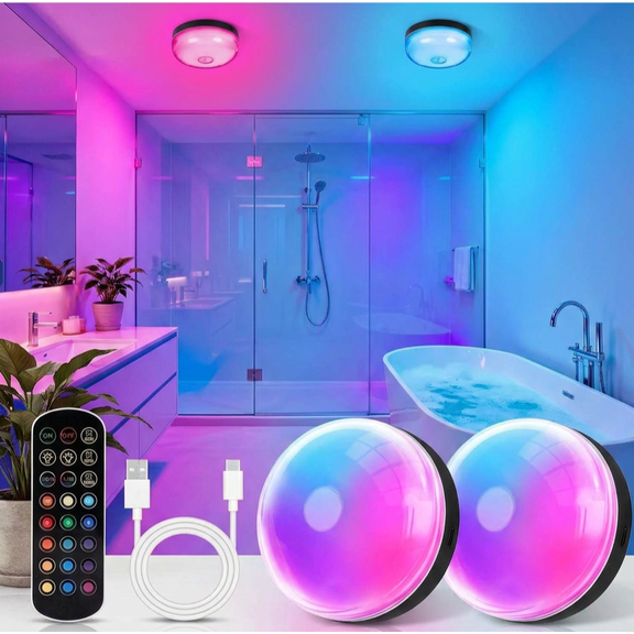 DOLIZU DOLIZU, 2pc Rechargeable 16 Color LED Shower Lights, Waterproof RGB Night Light, Dimmable Remote Control, Magnetic Mount, Timer Function, Ideal for Bathroom Bedroom Closet Decor