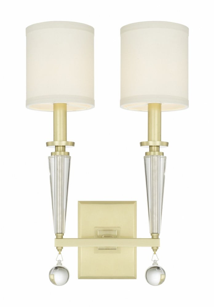Paxton Aged Brass 2-Light Sconce with White Silk Shade and Clear Glass Drops