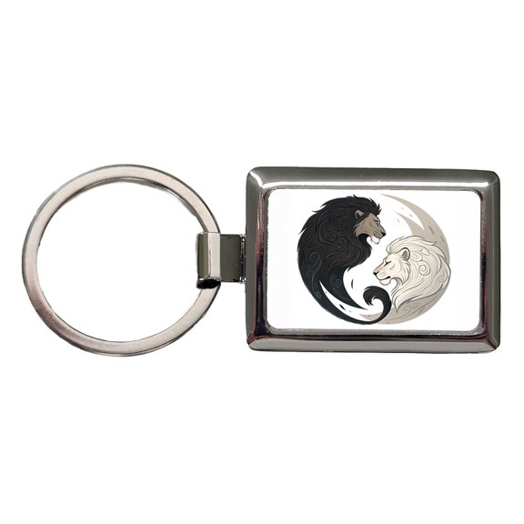 Two Lions Yin Yang Metal Rectangle Keychain