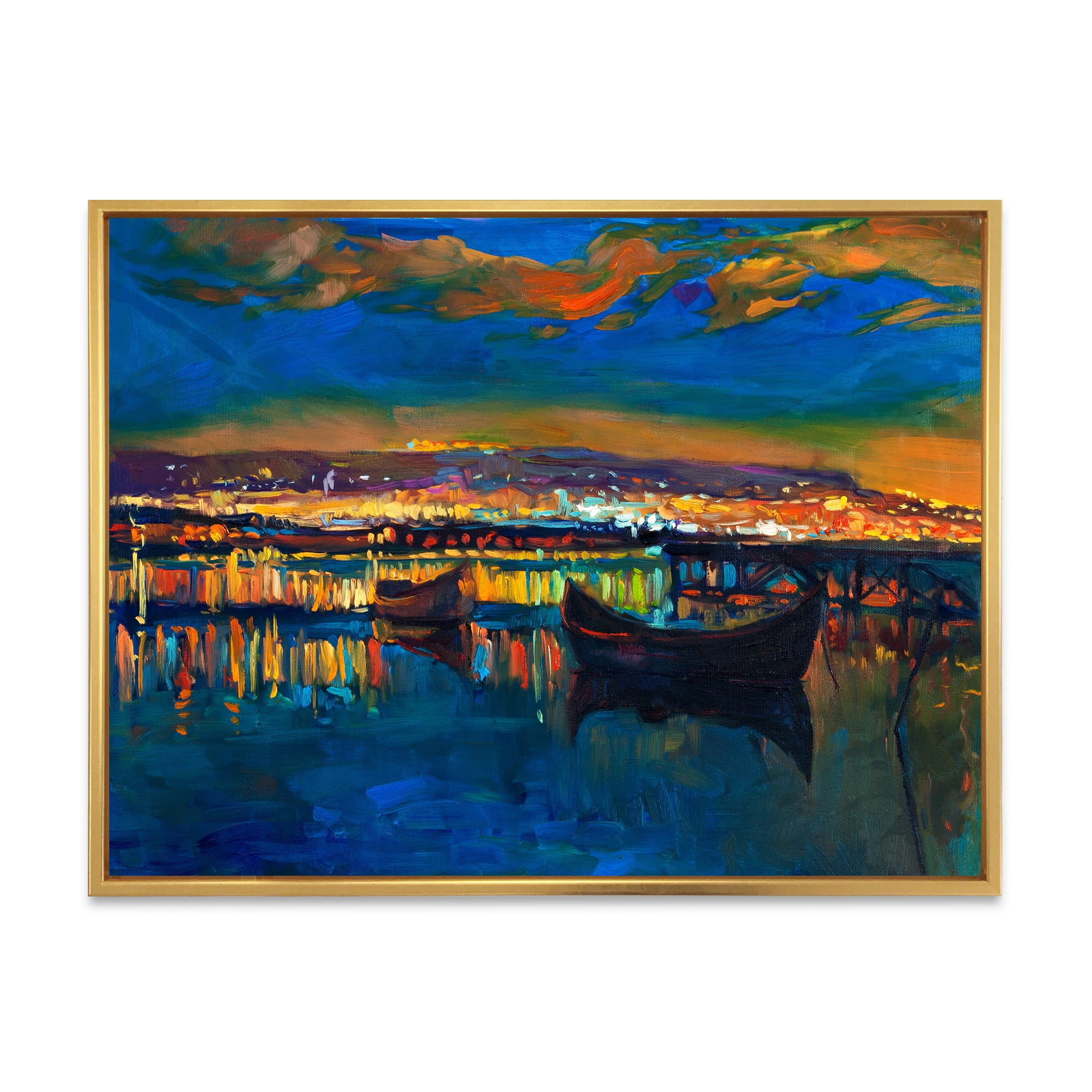 Two Little Boats In The Village Harbor At Night 32 in x 16 in Framed Painting Canvas Art Print, by Designart