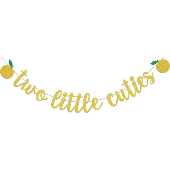 Two Little Cuties Banner, Twin Baby Shower Decorations Sign, Little Cutie Baby Shower Decorations Supplies,Orange Fruit Themed Gender Reveal Party Supplies for Boys Girls Gold & Green
