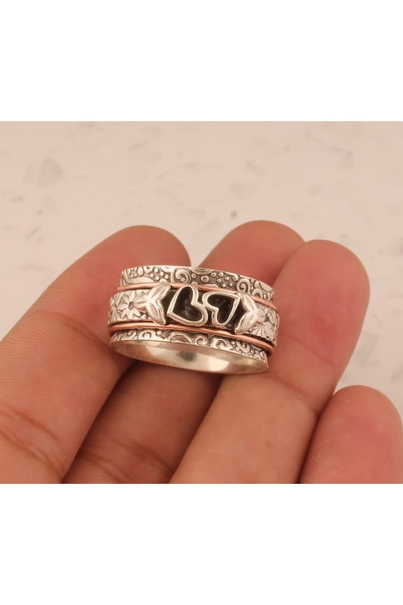 Two Little Heart Sterling Silver With 925 Stamped Purity Anxiety Ring For Men Women, Handmade Silver Heart Spinner Ring Gift For Mothers Day