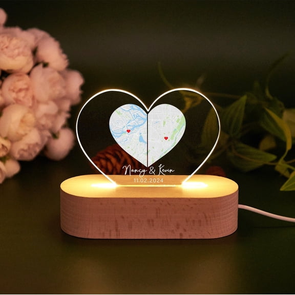 Two Location Heart Map Custom Night Light Acrylic Plaque Wooden Base Long Distance Friends Couple Gift Home Decor