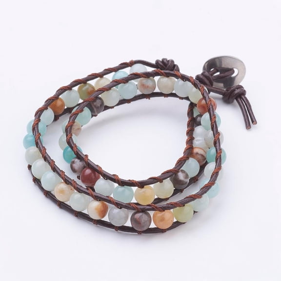 Two Loops Natural Amazonite Wrap Bracelets with Cowhide Leather Cord and 304 Stainless Steel Sewing Buttons with Burlap Paking Pouches Drawstring Bags 14.6 inch(370mm)