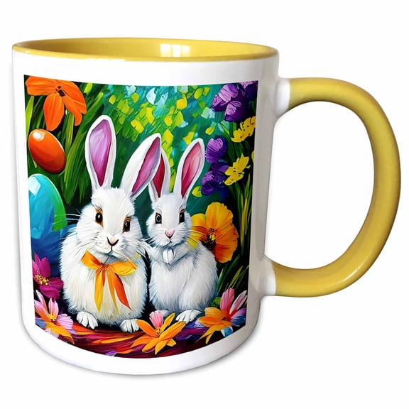 3drose, Two Lovable White Easter Bunnies, Colorful Eggs, Spring Flowers Gift, 11oz Two-tone Yellow Mug
