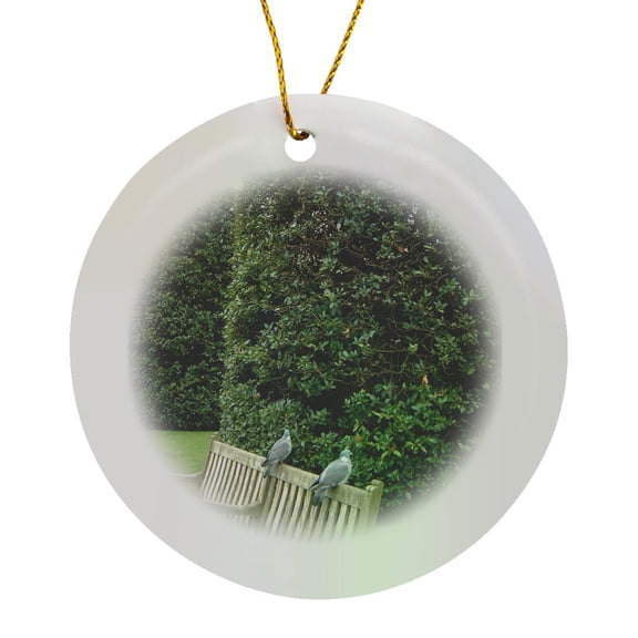 3drose, Two Love Birds Sitting on the Back of a Bench in Hyde Park London, Circle Porcelain Ornament