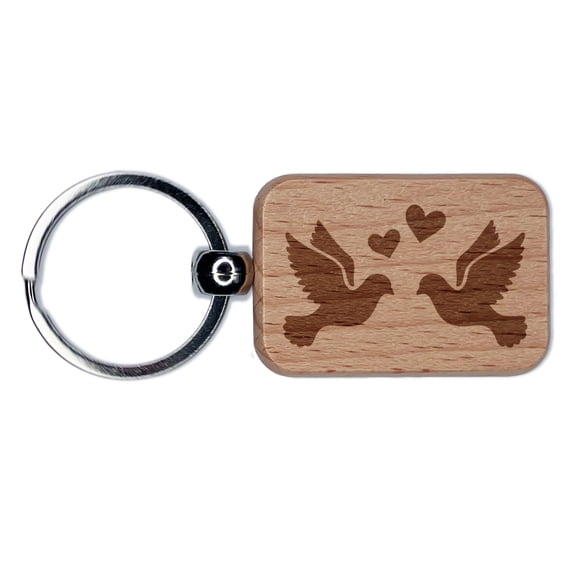 Two Love Doves Wedding Hearts Birds Rectangle Keychain Charm Tag - Engraved Wood