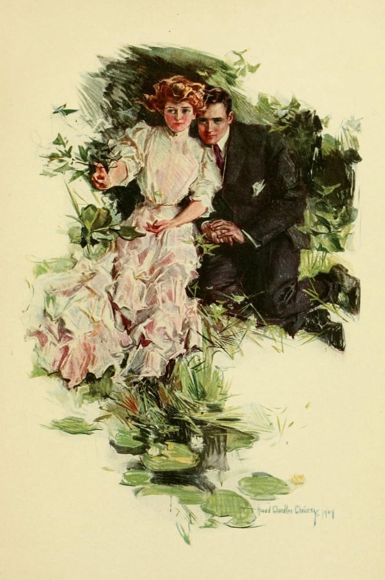 Two Lovers 1909 Lovers by the pond Canvas Art - Howard Chandler Christy (18 x 24)