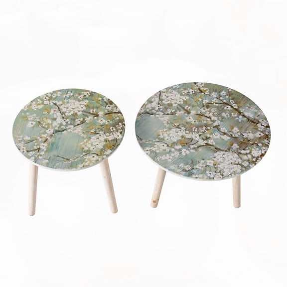 Two MDF Side Tables Featuring Painted Cherry Blossom Tops and 3 Legs