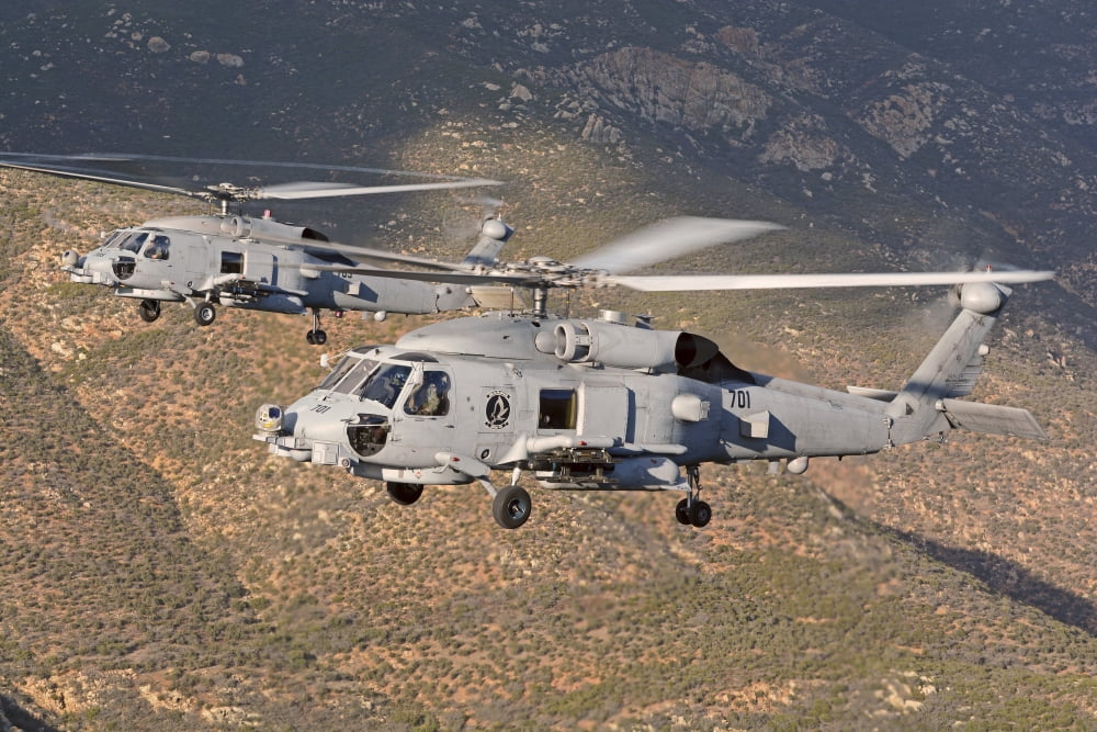 Two MH-60 helicopters of the US Navy Blue Hawks squadron Canvas Art - Phil WallickStocktrek Images (34 x 23)