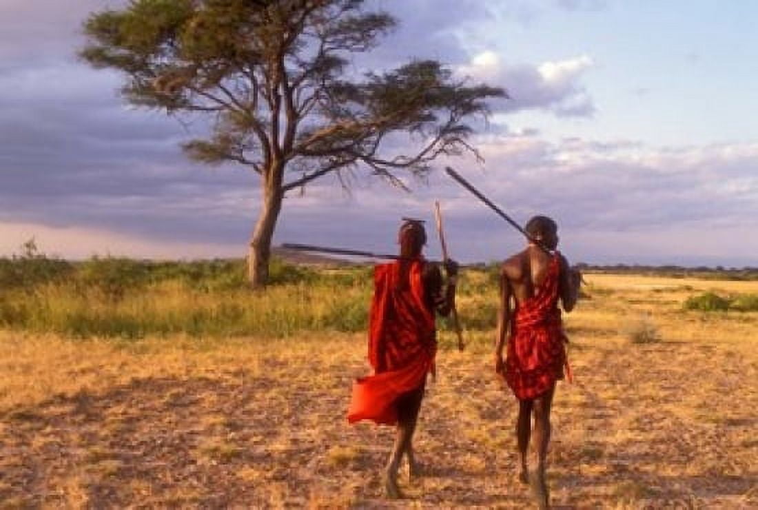 Two Maasai Morans Walking with Spears at Sunset Amboseli National Park Kenya Canvas Art - Alison Jones DanitaDelimont (18 x 12)