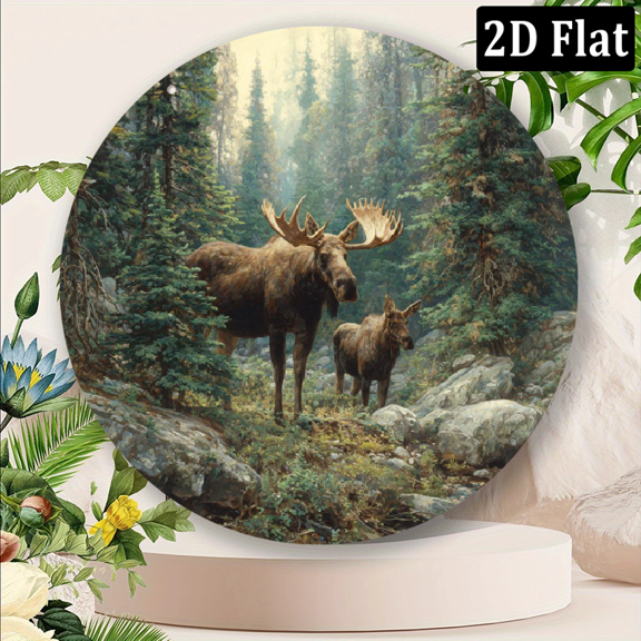 Two Majestic Moose In The Forest Wall Art Decorative Sign, Circle Aluminum Sign Vintage Round Metal Sign Artistic Wall Decoration for Home, Bar, Cafe, Restaurant, Garden, Farm, Celebrations.