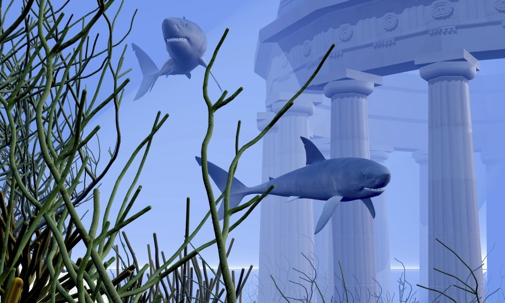 Two Mako sharks swim by an underwater greek temple Canvas Art - Corey FordStocktrek Images (18 x 11)