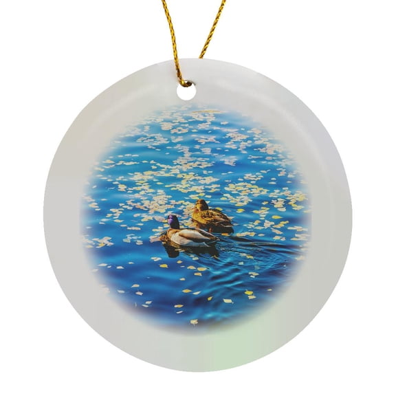 3drose, Two Mallard Ducks in the Cold Water of a Pond in Autumn, Circle Porcelain Ornament