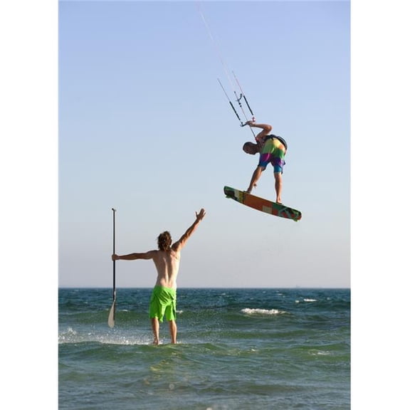 Two Men Off Valdevaqueros Beach Parasailing & Surfing - Tarifa, Cadiz, Andalusia, Spain Poster Print, 13 x 18