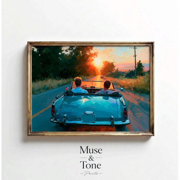 Two Men Road Trip Wall Art Print, Sunset Drive And Summer Adventure Decor