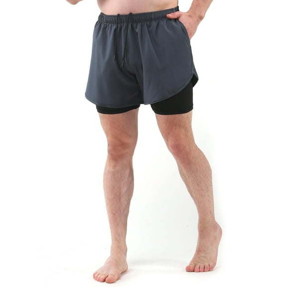 Two Men Sports Shorts With Liner 2-in-1 With Pockets Quick Dry Running Cycle Fitness Shorts