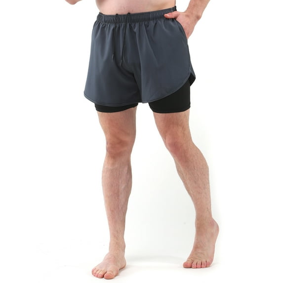 Two Men Sports Shorts With Liner 2-in-1 With Pockets Quick Dry Running Cycle Fitness Shorts