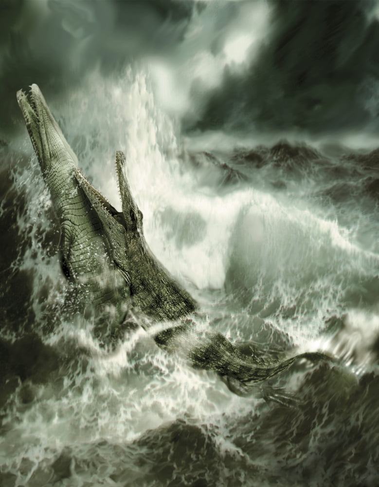 Two Metriorhynchus fighting each other during a violent storm at sea Canvas Art - Jan SovakStocktrek Images (25 x 32)