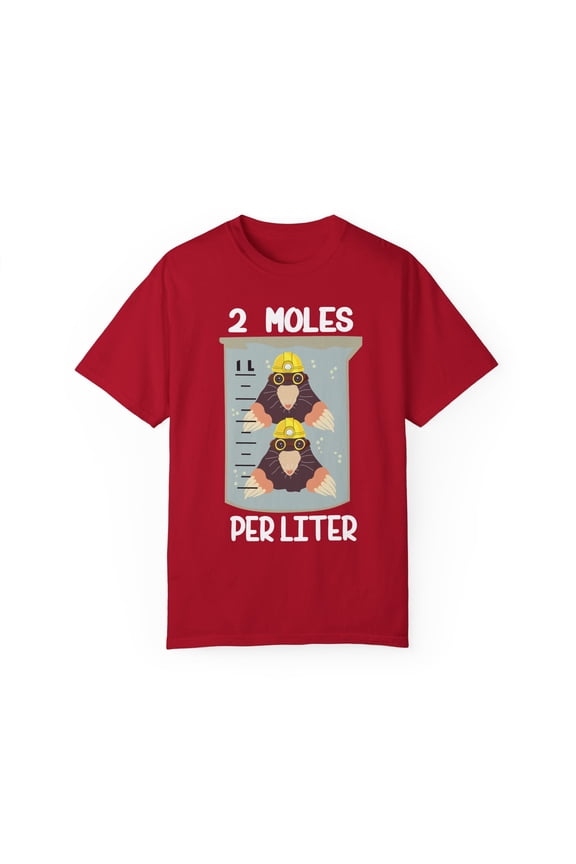 Two Moles Per Liter Humor Geek Students Men Women Funny Mole Scientists Puns Humorous Gift Unisex Garment-Dyed T-shirt
