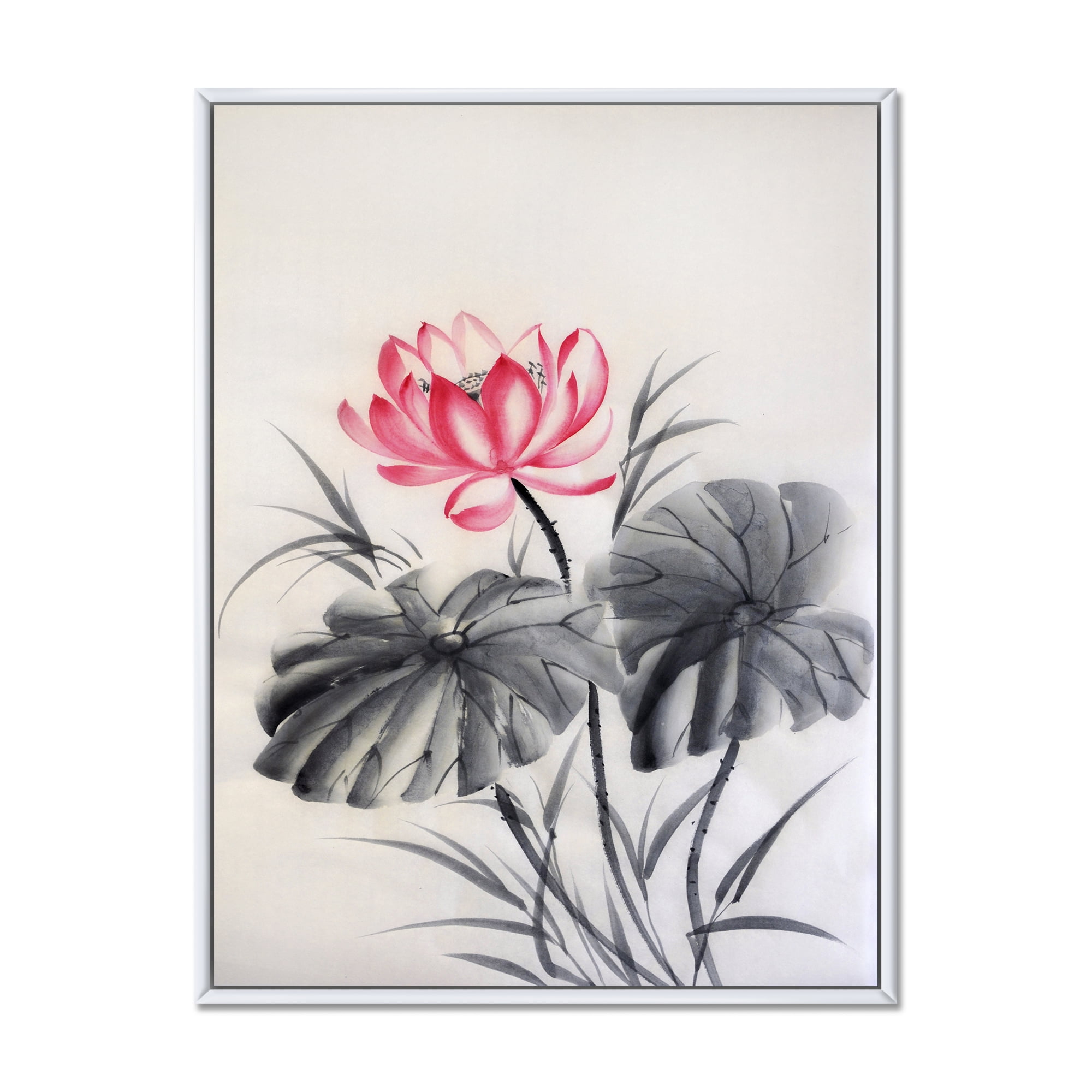 Two Monochrome Leaves With Lotus Flower 12 in x 20 in Framed Painting Canvas Art Print, by Designart