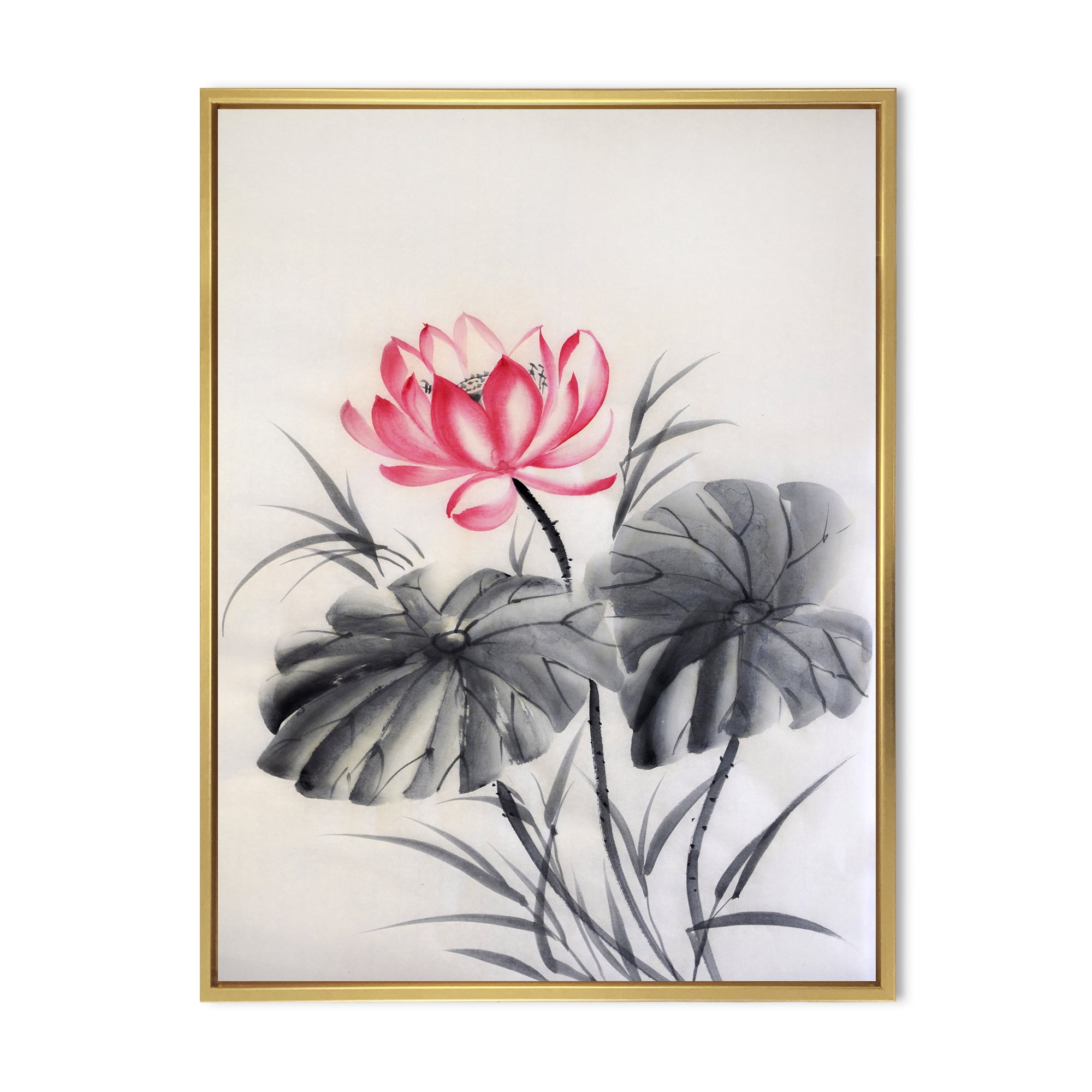 Two Monochrome Leaves With Lotus Flower 12 in x 20 in Framed Painting Canvas Art Print, by Designart