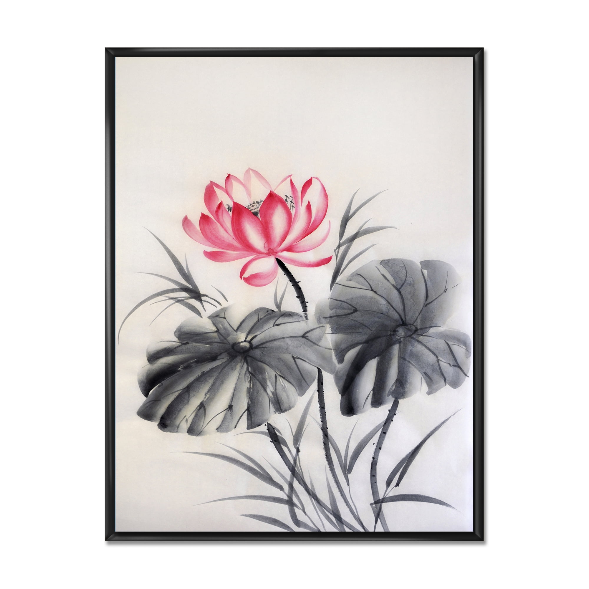 Two Monochrome Leaves With Lotus Flower 24 in x 32 in Framed Painting Canvas Art Print, by Designart