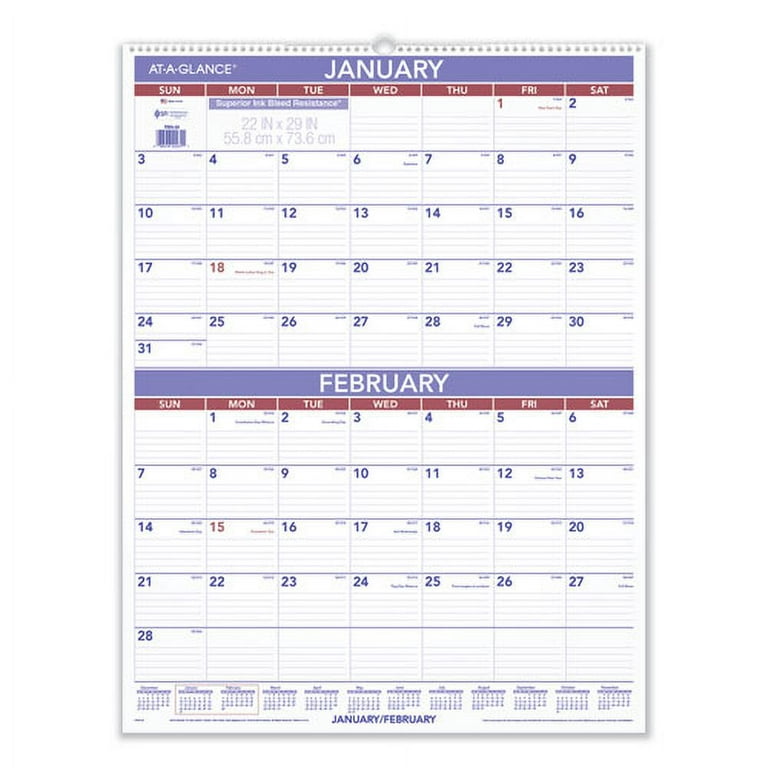 Two-Month Wall Calendar, 22 x 29, White/Blue/Red Sheets, 12-Month (Jan to Dec): 2024 Two-Month Wall Calendar, 22 x 29, White/Blue/Red Sheets, 12-Month (Jan to Dec): 2024