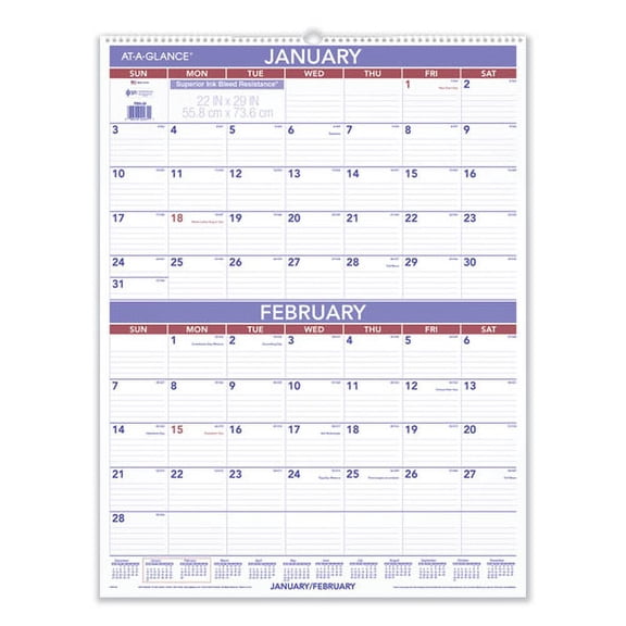 Two-Month Wall Calendar, 22 x 29, White/Blue/Red Sheets, 12-Month (Jan to Dec): 2026 | Bundle of 2