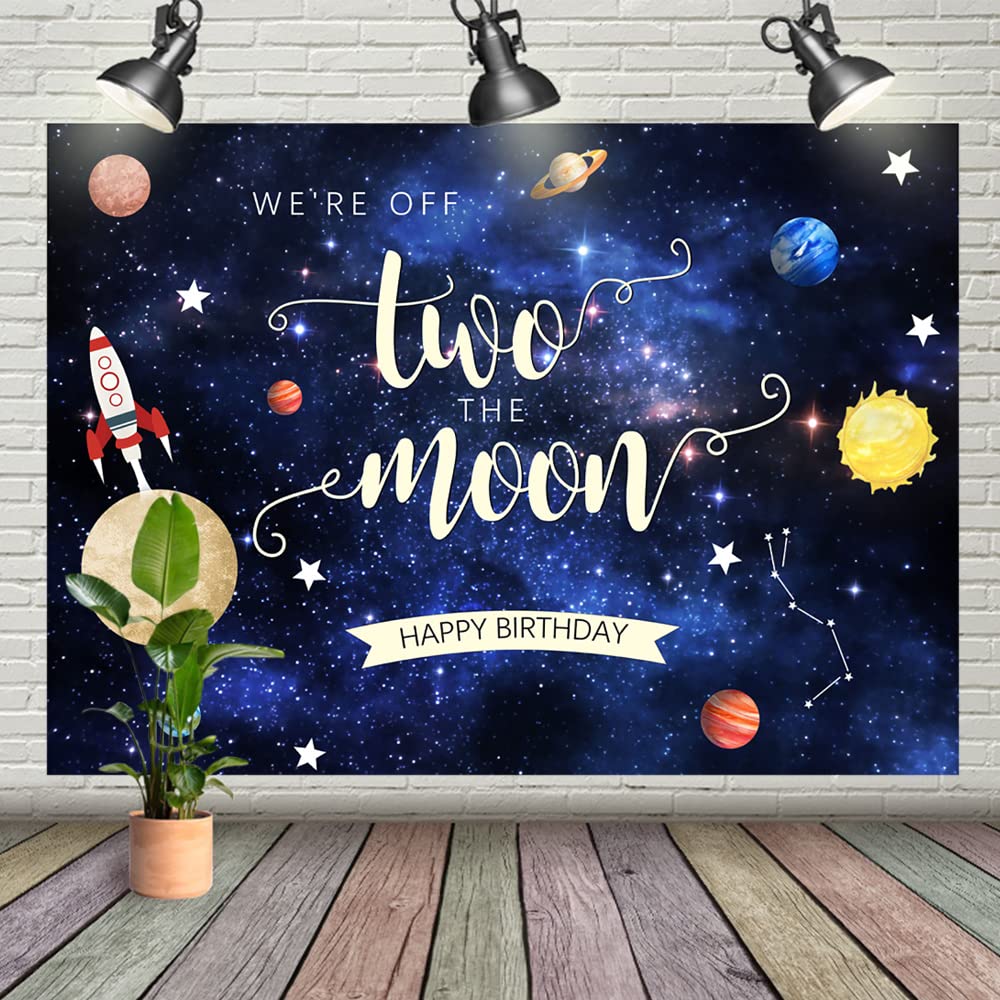 Two The Moon 2nd Birthday Backdrop for Boy Kids Outer Space Rocket ...